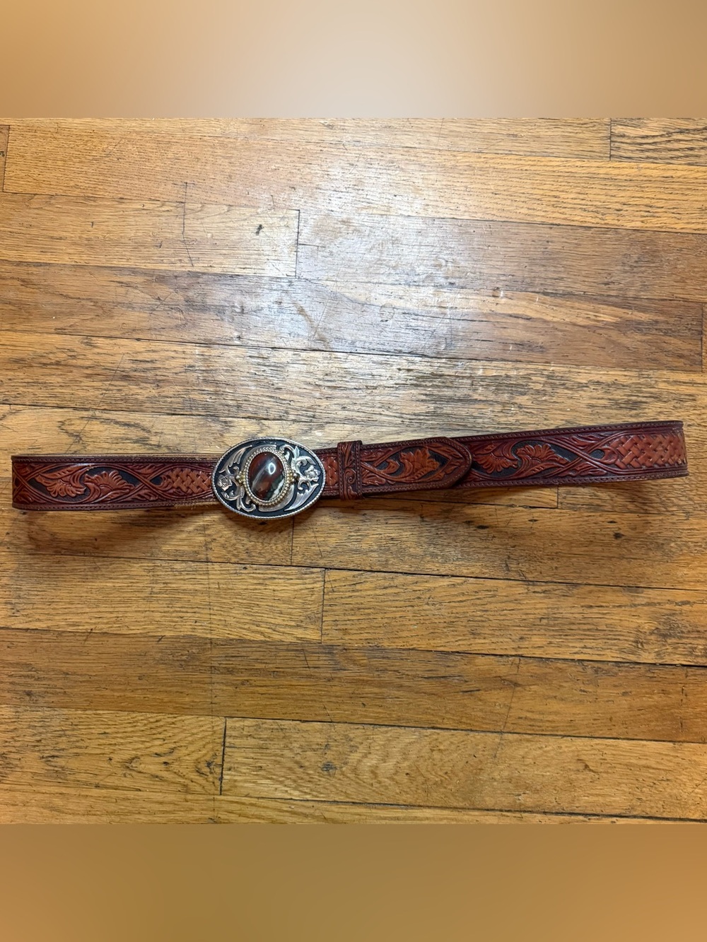 Vintage Western Leather Belt with Agate Stone Buckle